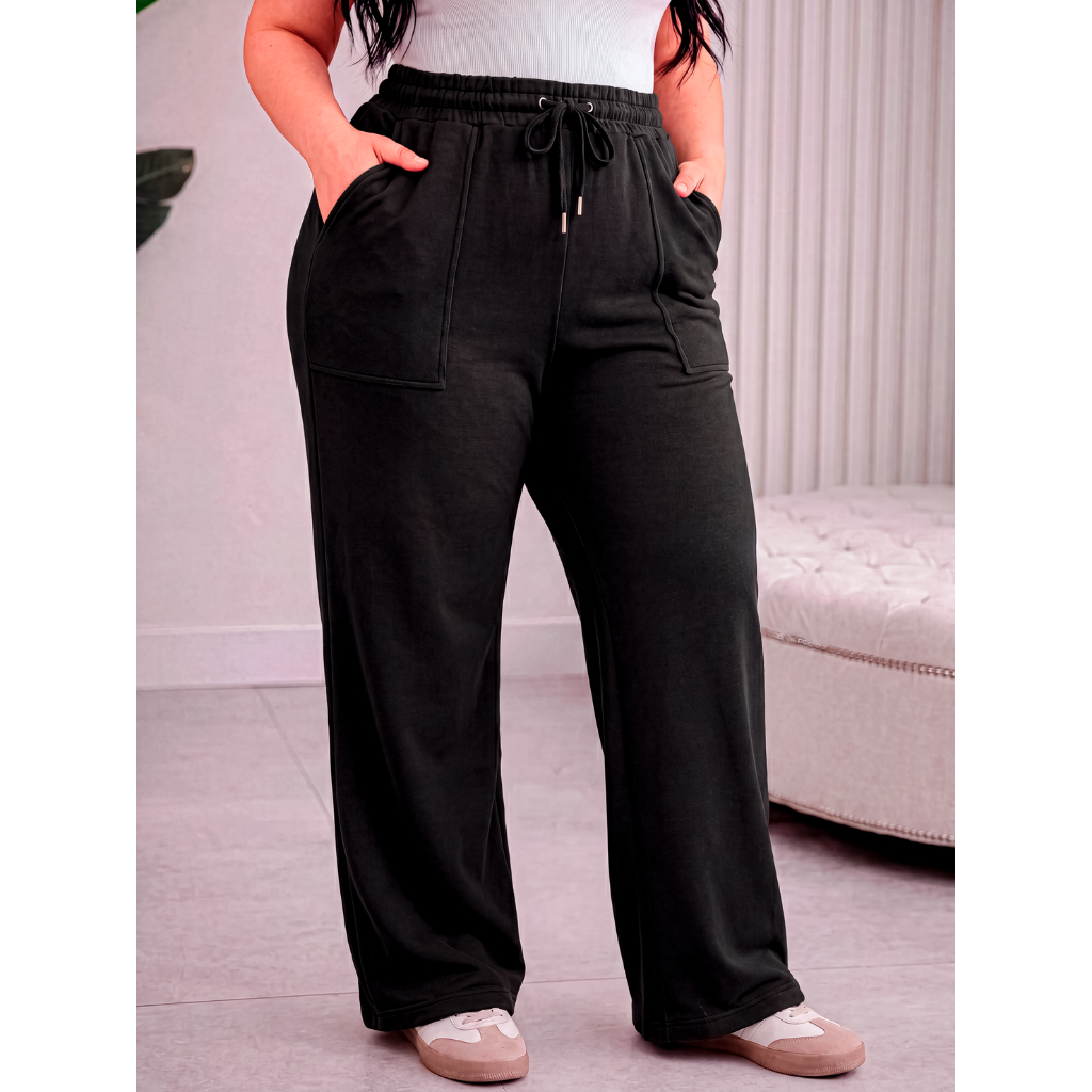 Calça Plus Size Feminina Pantalona Wide Leg Moletom Flanelada Cintura Alta