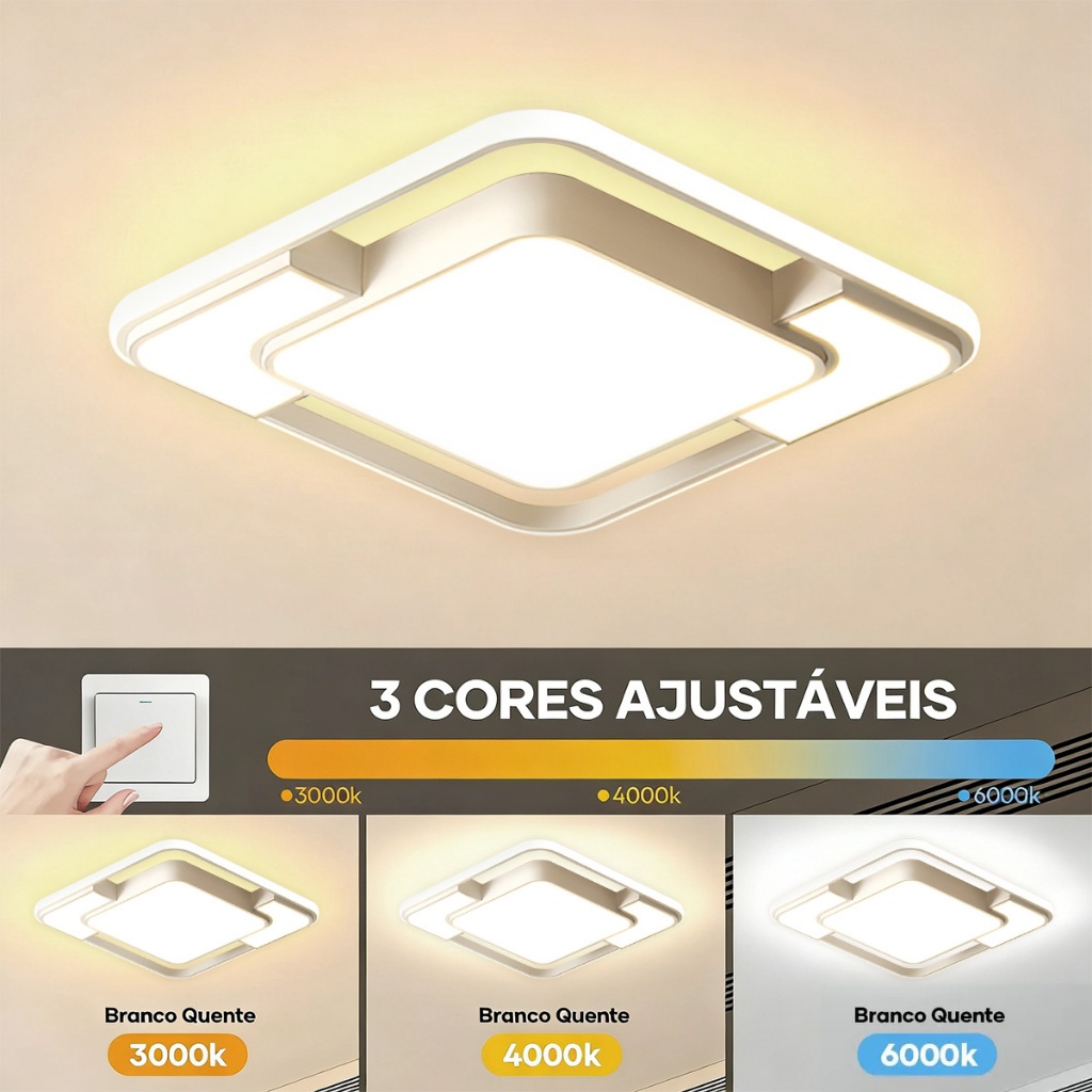 Lustre Moderno Pendente Led Plafon 3 Em 1 Tonalidades Bivolt Luminária Teto Luxo Quarto Sala Quadrado — imagem 2 de 2