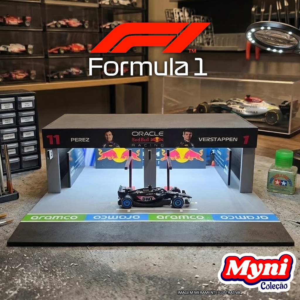Pit Garage F1 Red Bull RBR 1:64 | Diorama Box Fórmula 1 com LED MDF