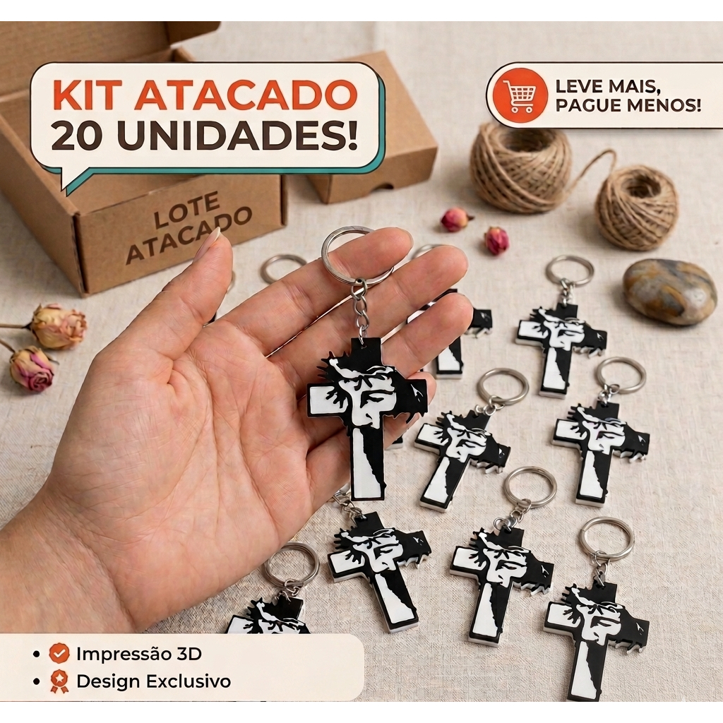 Kit Chaveiro Religioso Cruz Sagrada Face De Cristo - 20 unidades Impressão 3D Premium