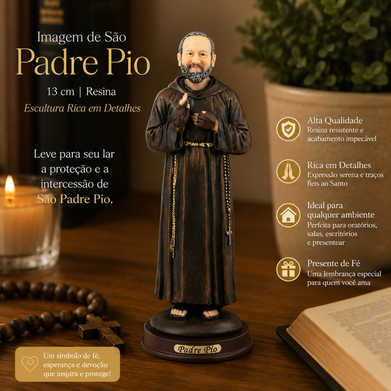 Imagem De São Padre Pio 13 cm Resina Escultura Rica Em Detalhes