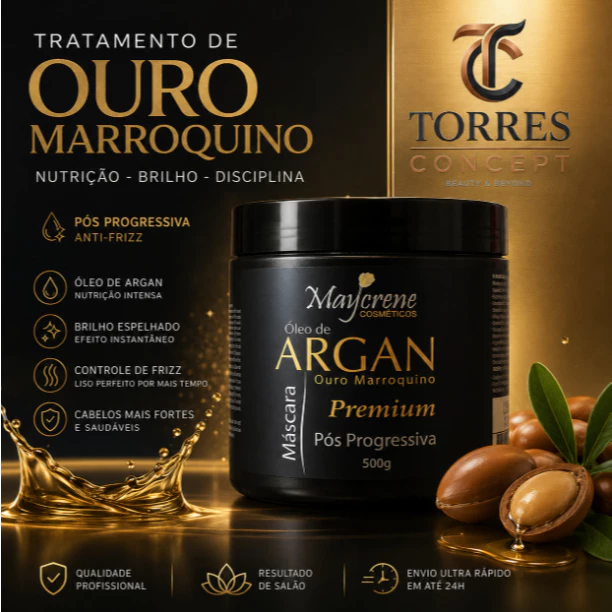 Máscara Argan Premium Maycrene 500g Pós Progressiva Anti-Frizz Brilho Ouro Marroquino Profissional