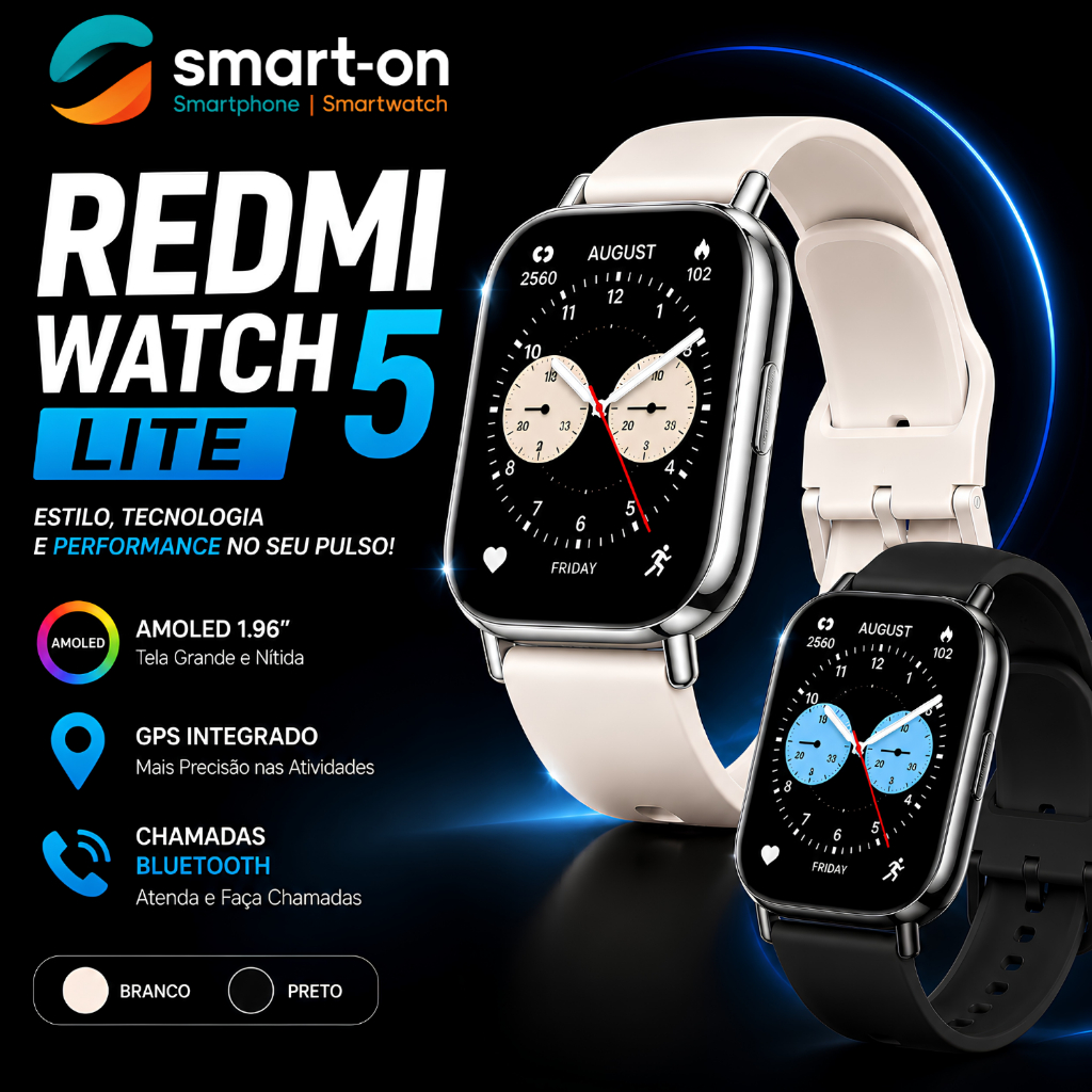 Smartwatch Redmi Watch 5 Lite AMOLED GPS Integrado Chamadas Bluetooth Android iPhone 5ATM Original