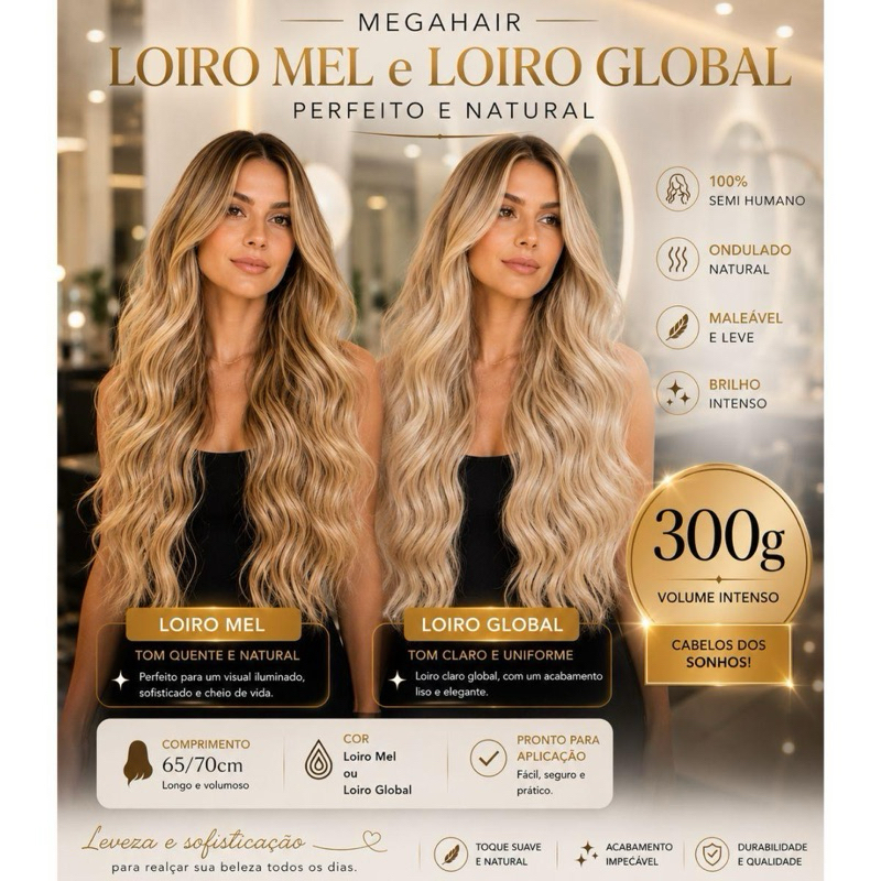 Mega Hair Loiro Global Loiro Mel 65cm Semi Humano Ondulado Natural 300g Cabelo Volumoso Alongamento Feminino
