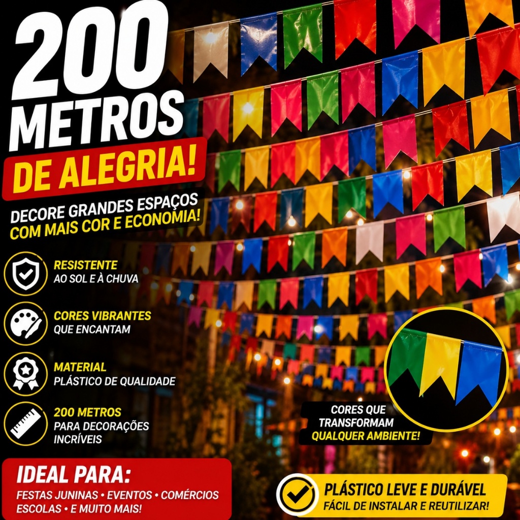 Kit Bandeirinha Festa Junina De Plástico Colorido 10/20/30/50/100 Metros Decoração Sao Joao Arraiá