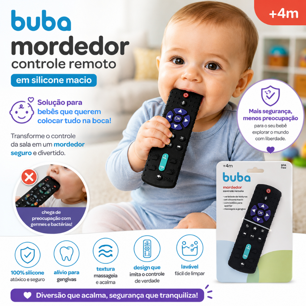 Mordedor Controle Remoto de TV Buba Bebê Macio livre de BPA Coçador Massageador  para gengiva