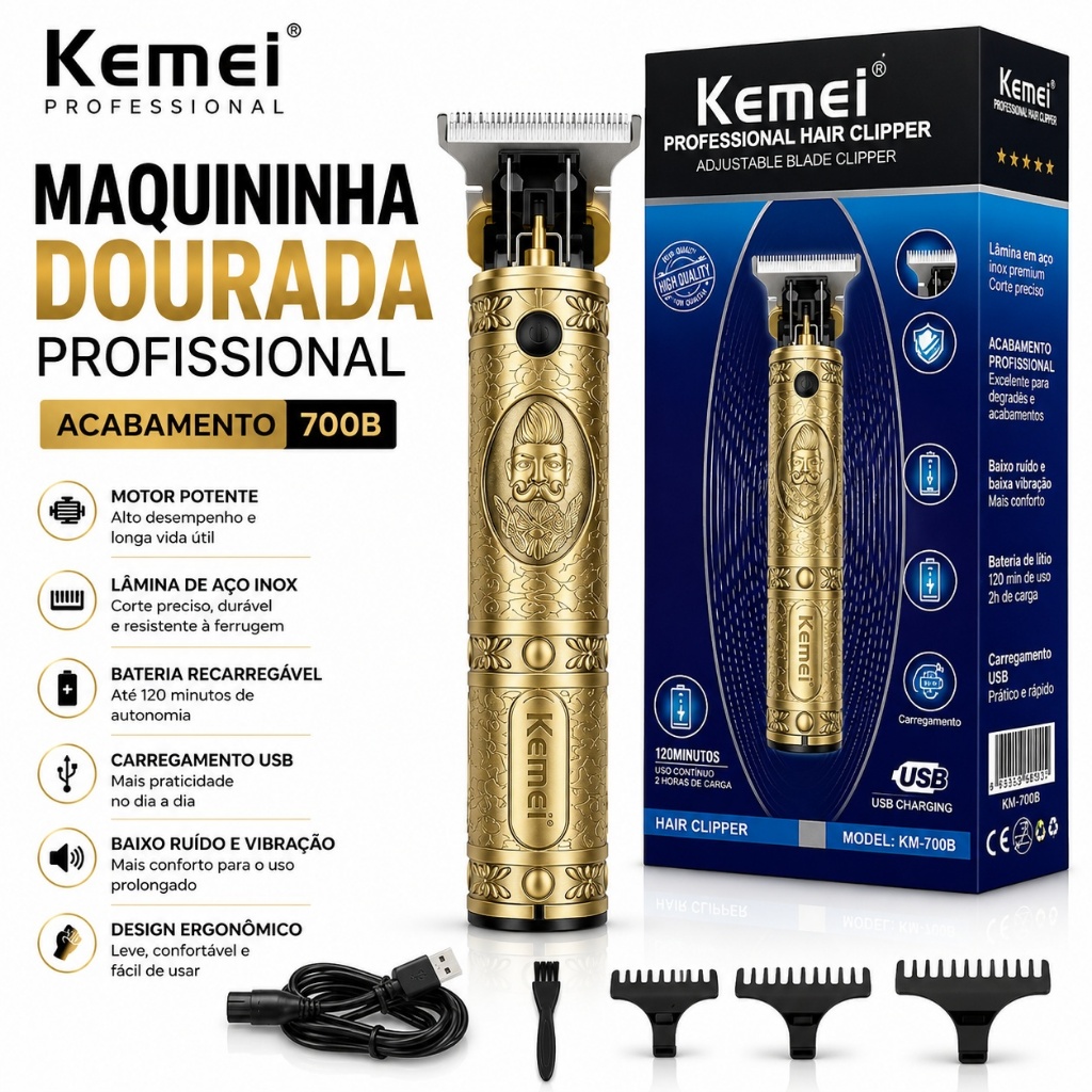Máquina de Acabamento Kemei KM-700B Profissional Barba Cabelo Sem Fio USB Dourada