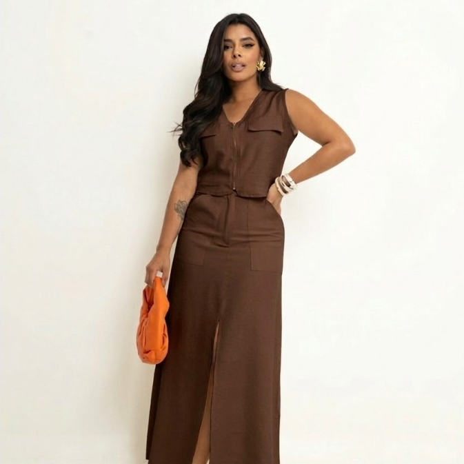 Conjunto Alfaiataria Social Feminino Saia e Blusa Marant Saia longa Com Fenda Colete Alfaiataria Ziper Conjunto Festa