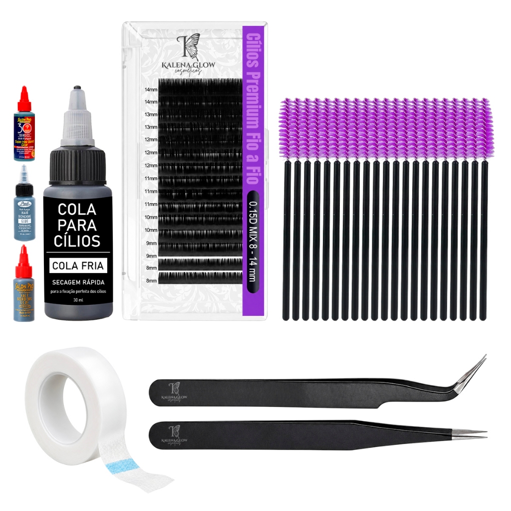 Kit Extensão de Cílios Lash Designer Cola + Pinça + Escovinha + Micropore Iniciante ou Profissional