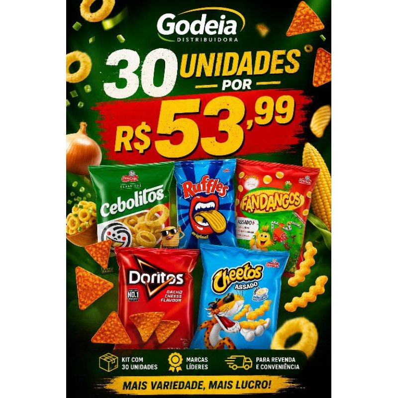 kit com 30 salgadinhos elma chips DORITOS 19G, RUFFLES 17G, FANDANGOS 21G, CEBOLITO 21G, CHEETOS 21G.