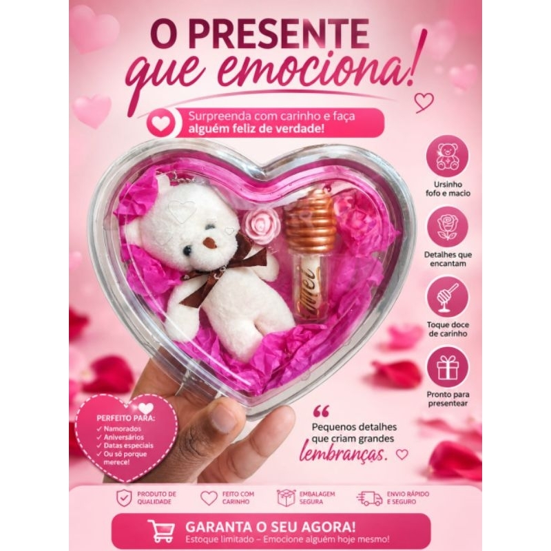 Kit Presente feminino Romântico Coração com Chaveiro Ursinho Pelúcia e Gloss Labial Mel,lembrancinha,Dia dos namorado
