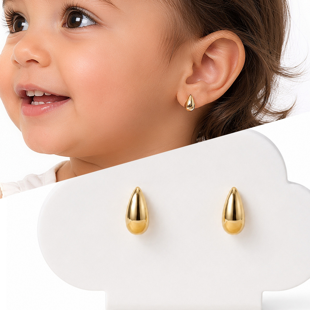 Brinco infantil gota delicado antialérgico folheado a ouro ou prata