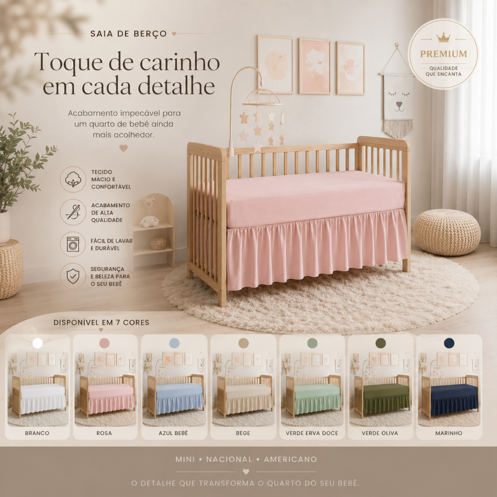 Saia Mini Berço Saia  Berço Americano e Nacional Bebê Liso Dupla Face Branco Palha Rosa Azul