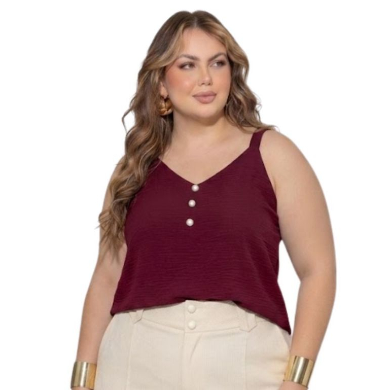 Blusa Regata Feminina Plus Size Alça Larga Botões Pedraria Pérola Blusa Estilosa Duna G GG G1