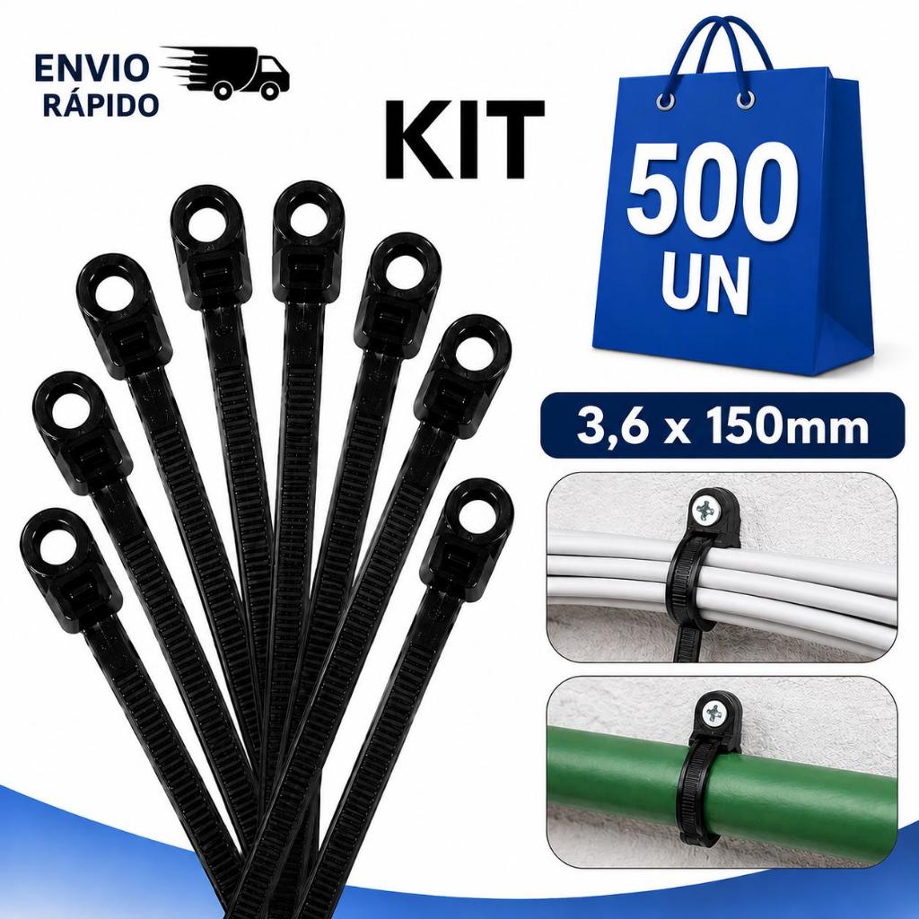 Abraçadeira com Olhal 3,6x150mm Preta Nylon UV Enforca G@to com Furo para Parafuso Fixação de Cabos Fios Mangueira Tubo