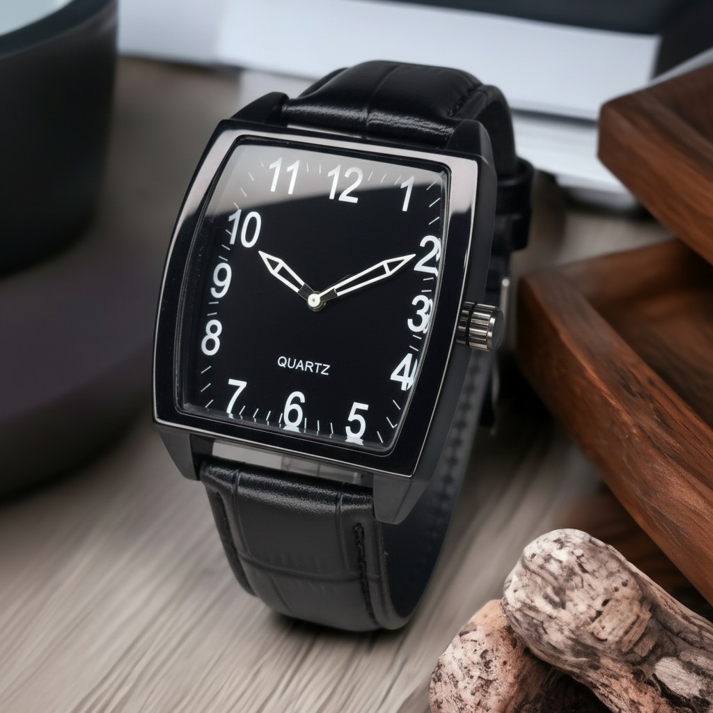 Relógio Masculino Social Elegante Quadrado Pulseira de Couro Marrom Mostrador Branco Caixa Preta