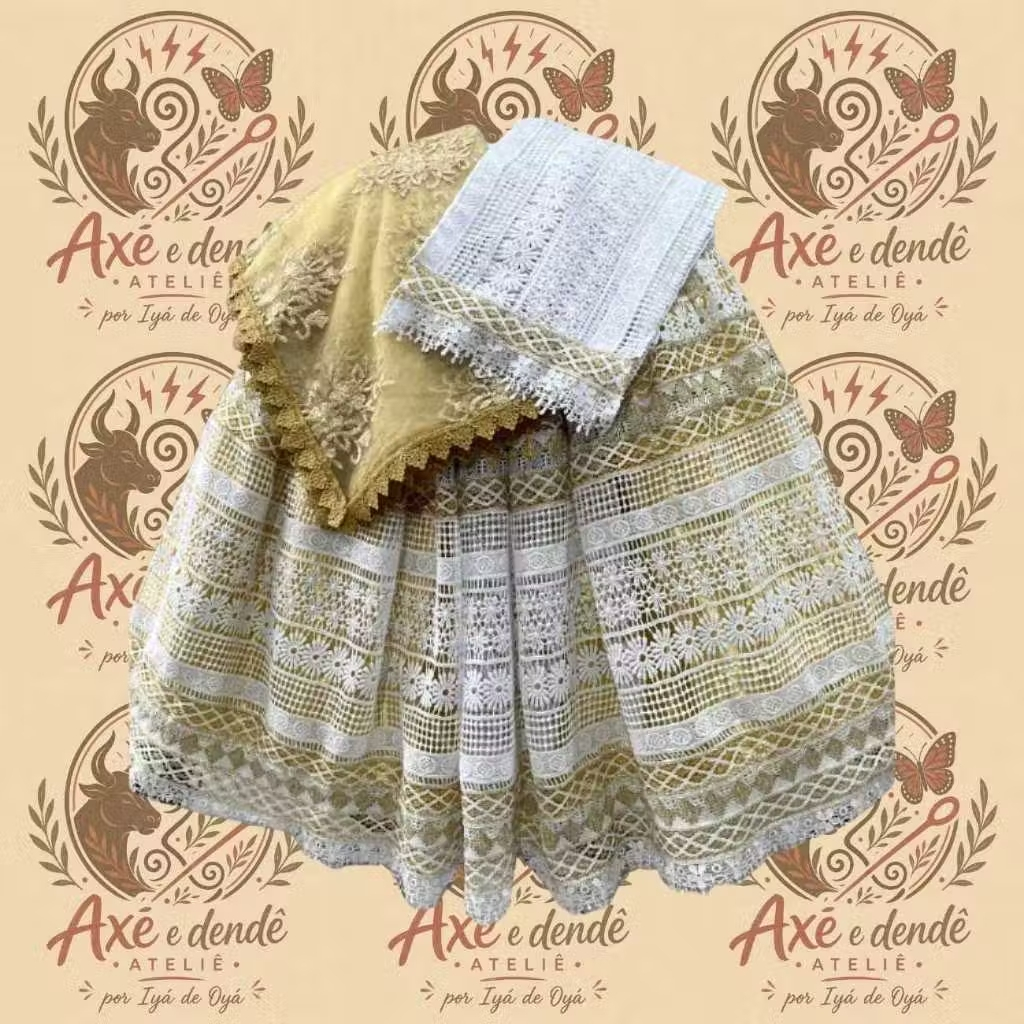 Baiana Em Grippir Com Entremeios E Tule Bordado Dourado | Roupa De Santo Umbanda Candomblé