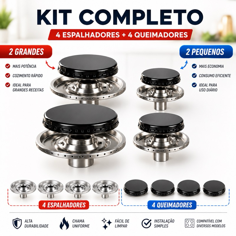 4 Espalhadores + 4 Queimadores compatíveis com fogões Esmaltec, Atlas e Coliseum 4 bocas INOX