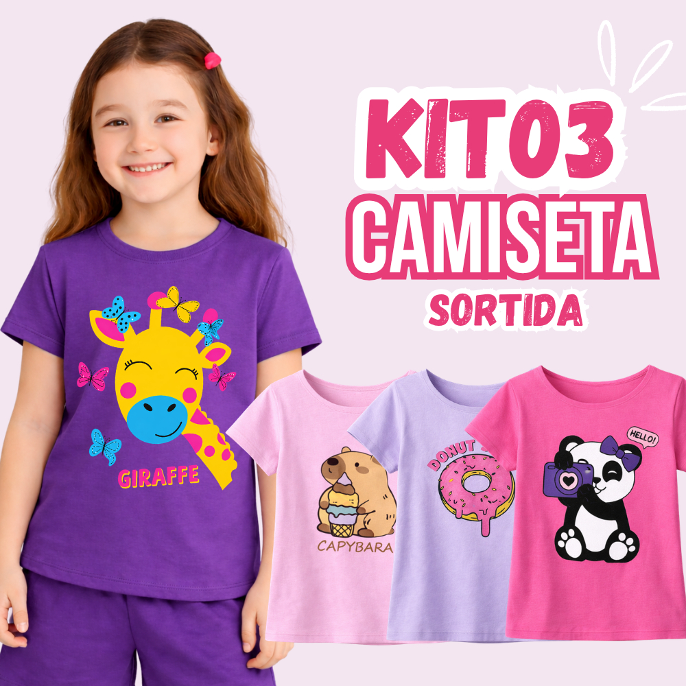 Kit 03 blusinha Infantil Camiseta T Shirt Baby look Menina Estampada Confortavel Fresquinha Criança