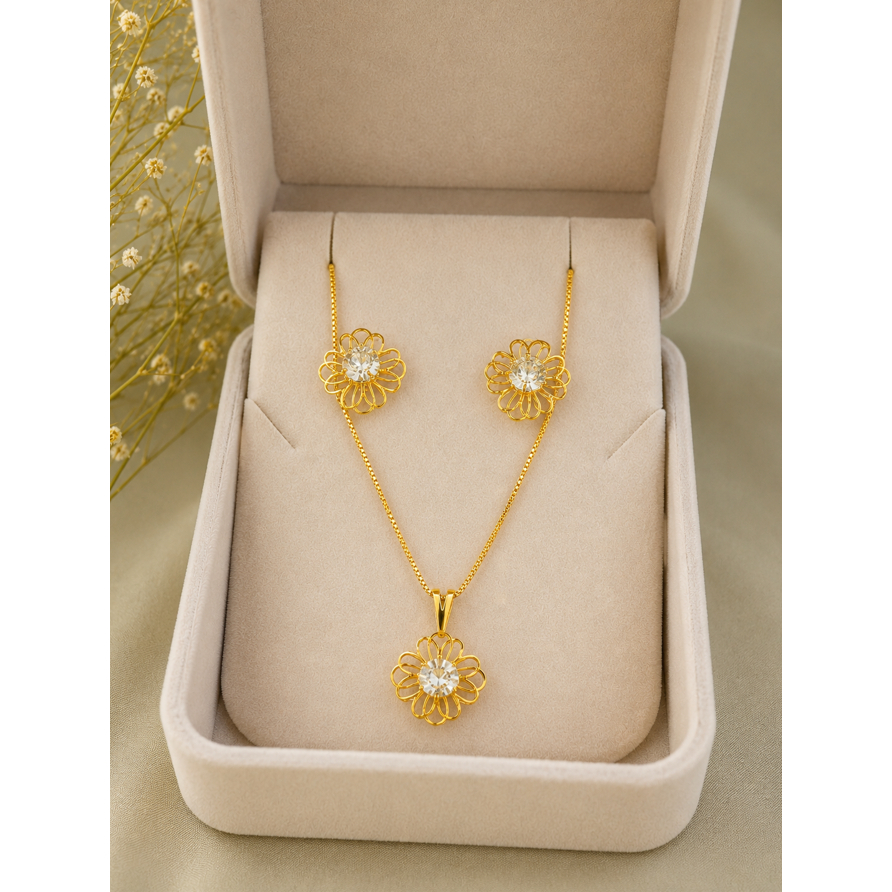 CONJUNTO DE FLOR DE LUZ - CONJUNTO FEMININO - CONJUNTO FOLHEADO DOURADO - CONJUNTO DELICADO- CONJUNTO DE BRINCO E COLAR