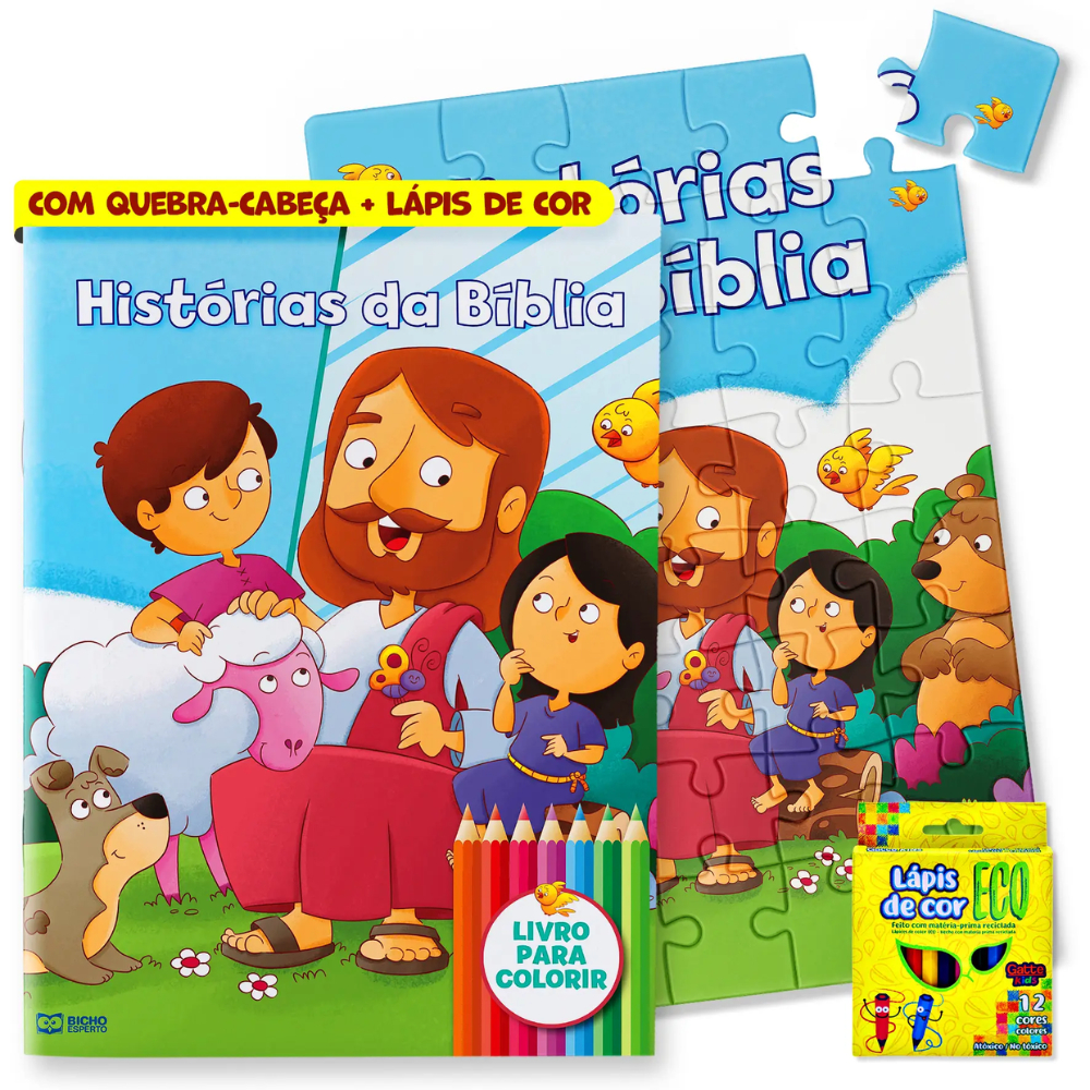 Histórias da Bíblia – Livro com história para colorir com Quebra-Cabeça e Lápis de Cor!