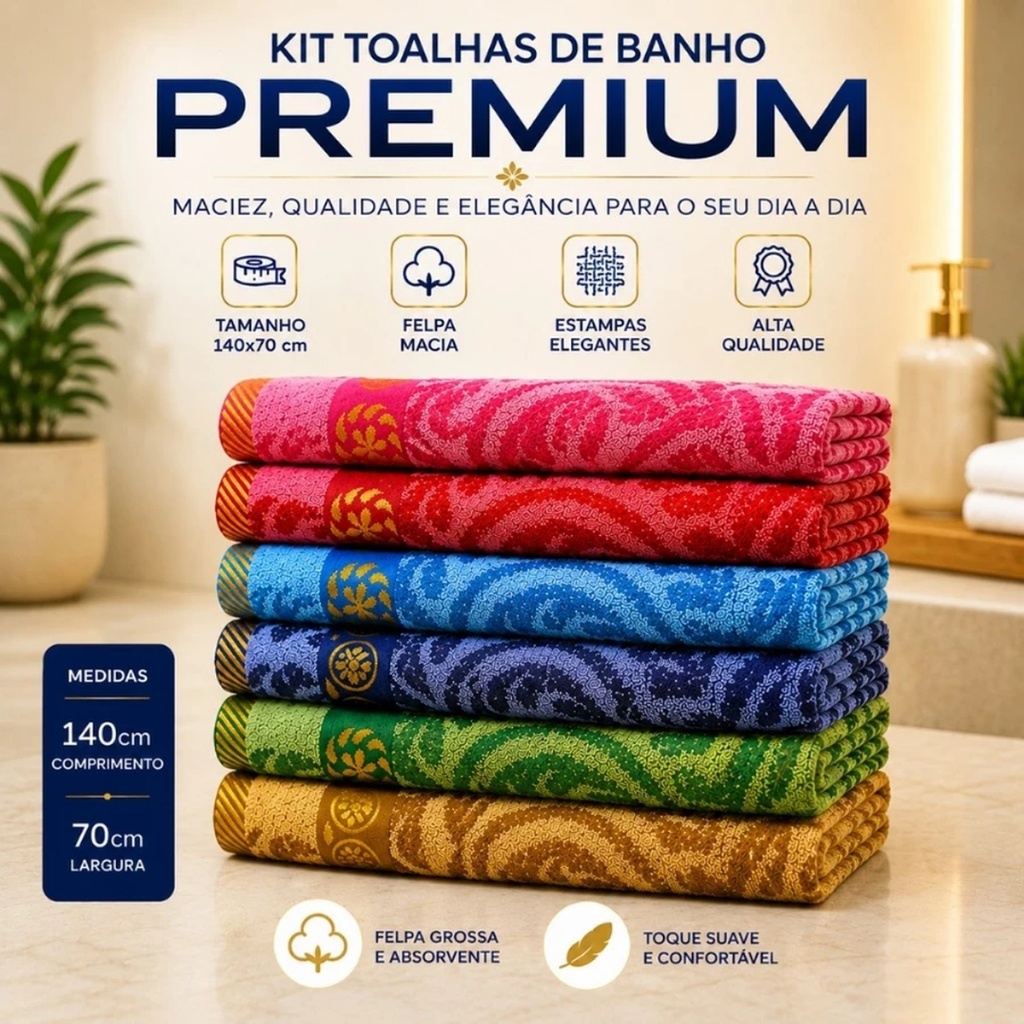 Kit Toalhas de Banho Estampada Grande 140x70cm Felpuda Macia Alta Qualidade Bordada Envio Rápido C/A