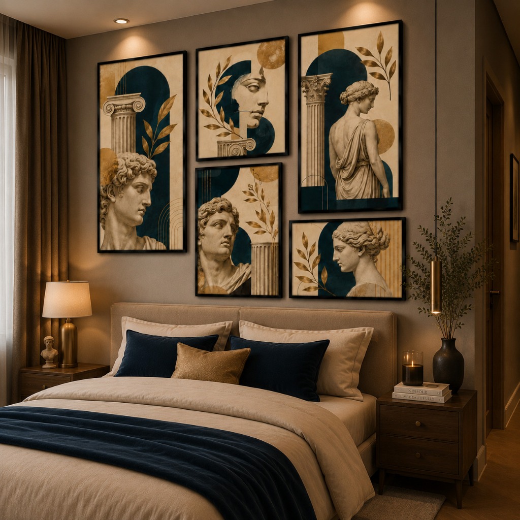 Kit 5 Quadros Decorativos Arte Clássica Repaginada Grego Romano Moderno Luxo Azul Petróleo