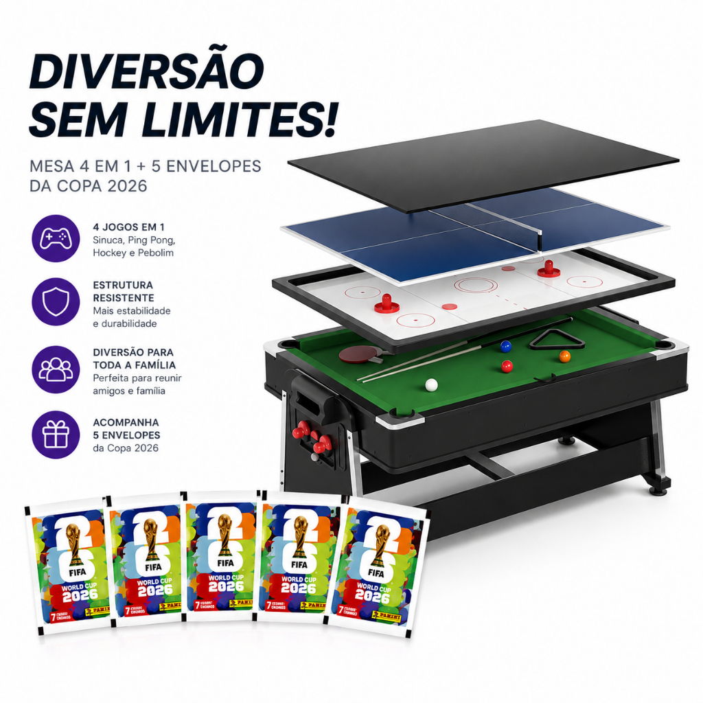 Mesa Multijogos 4 em 1 210cm Completa Air Hockey 220V Sinuca Ping Pong + Brinde