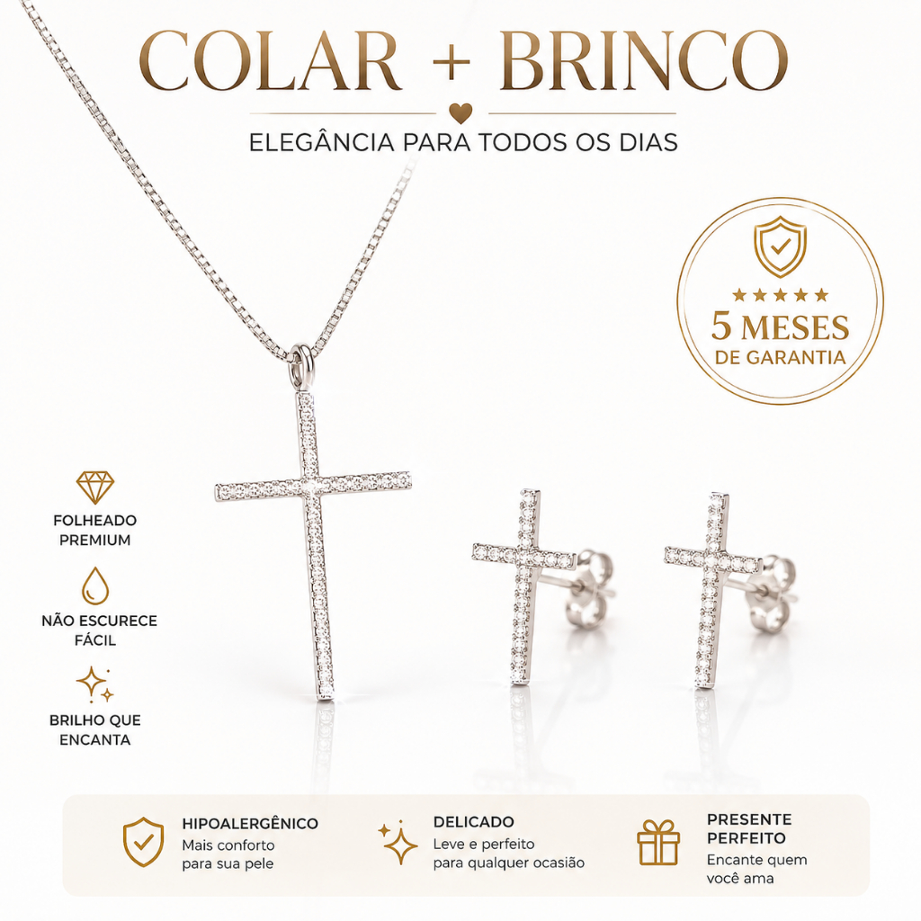 Conjunto Crucifixo Folheado em Prata 356 com Pedrarias | Cruz Folheada a Prata | Brilho Delicado