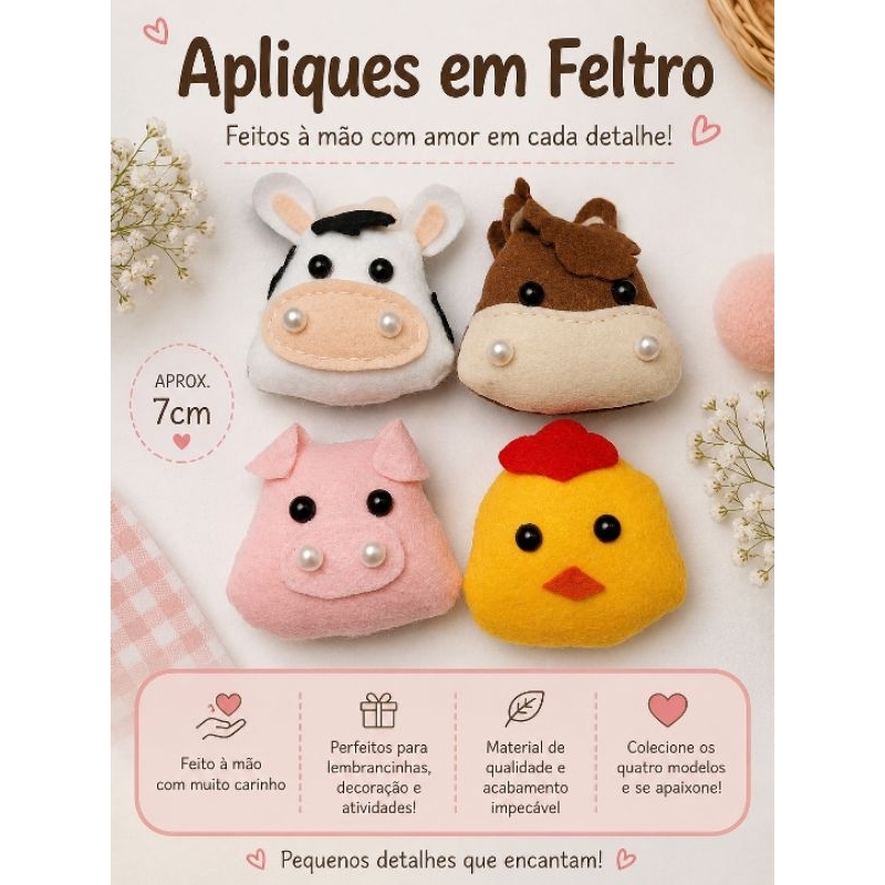 Apliques da Fazendinha em Feltro Artesanais – 6 cm, Aniversário, apliques para roupas e lembrancinhas, personalizados