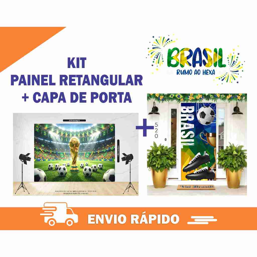 KIT Painel Retangular Fundo Copa do Mundo 2,20 x 1,60 + Capa de Porta Copa Futebol 2,10 x 0,85