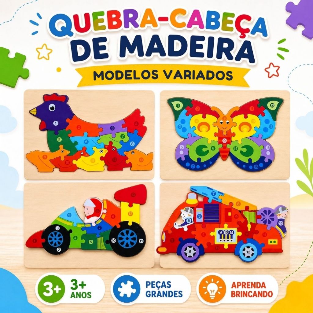 Quebra-Cabeça Montessori Infantil de Madeira Modelo Animal e Transporte