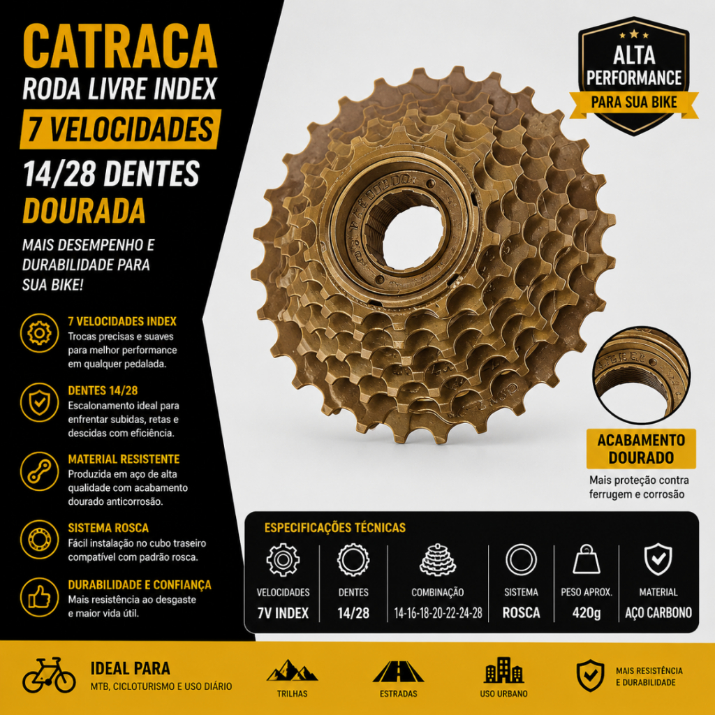 CATRACA RODA LIVRE INDEX 7 VELOCIDADES 14/28 DENTES DOURADA PARA BIKE