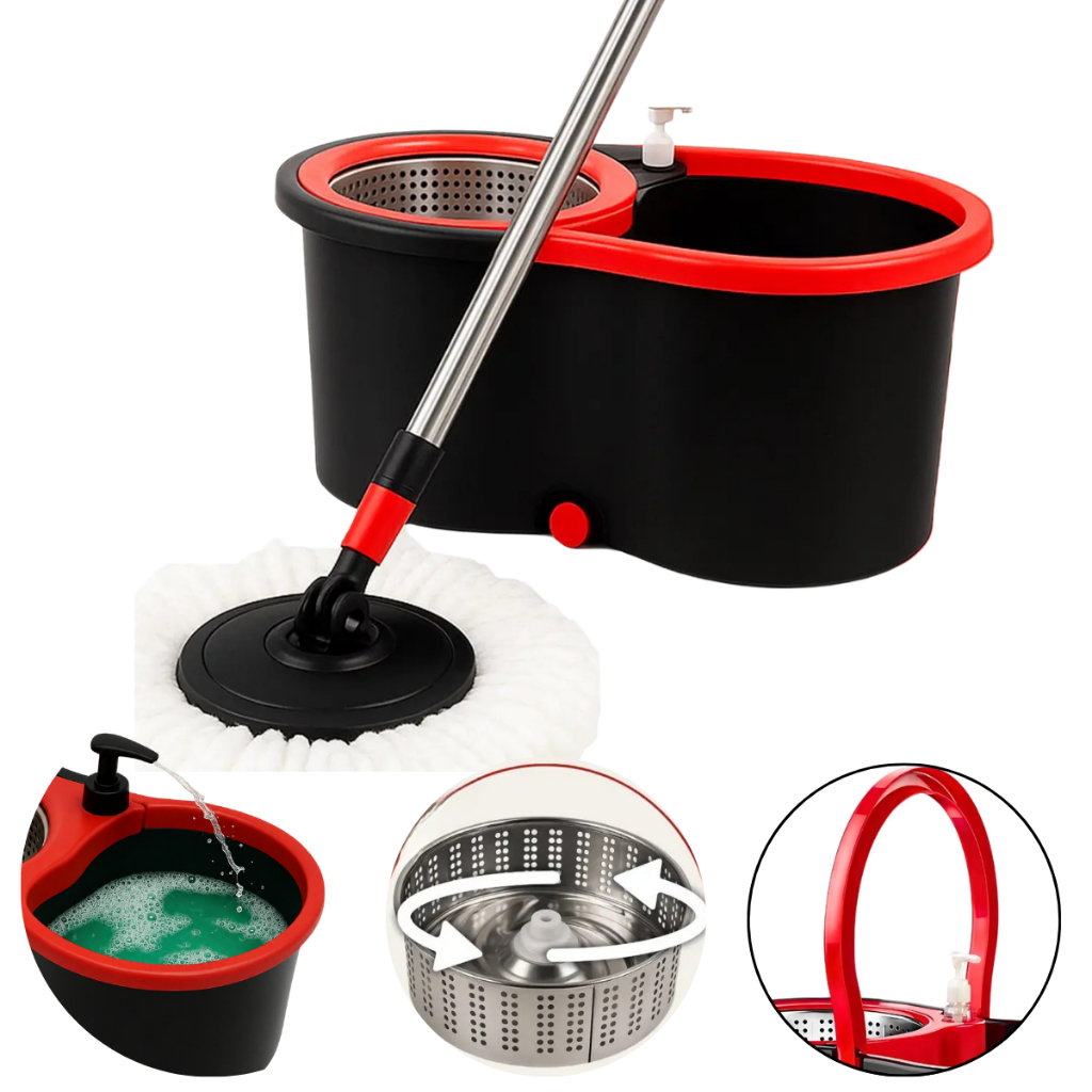 Mop Giratorio Powermaid Pro 14l Inox Balde Dispenser Sabão Preto