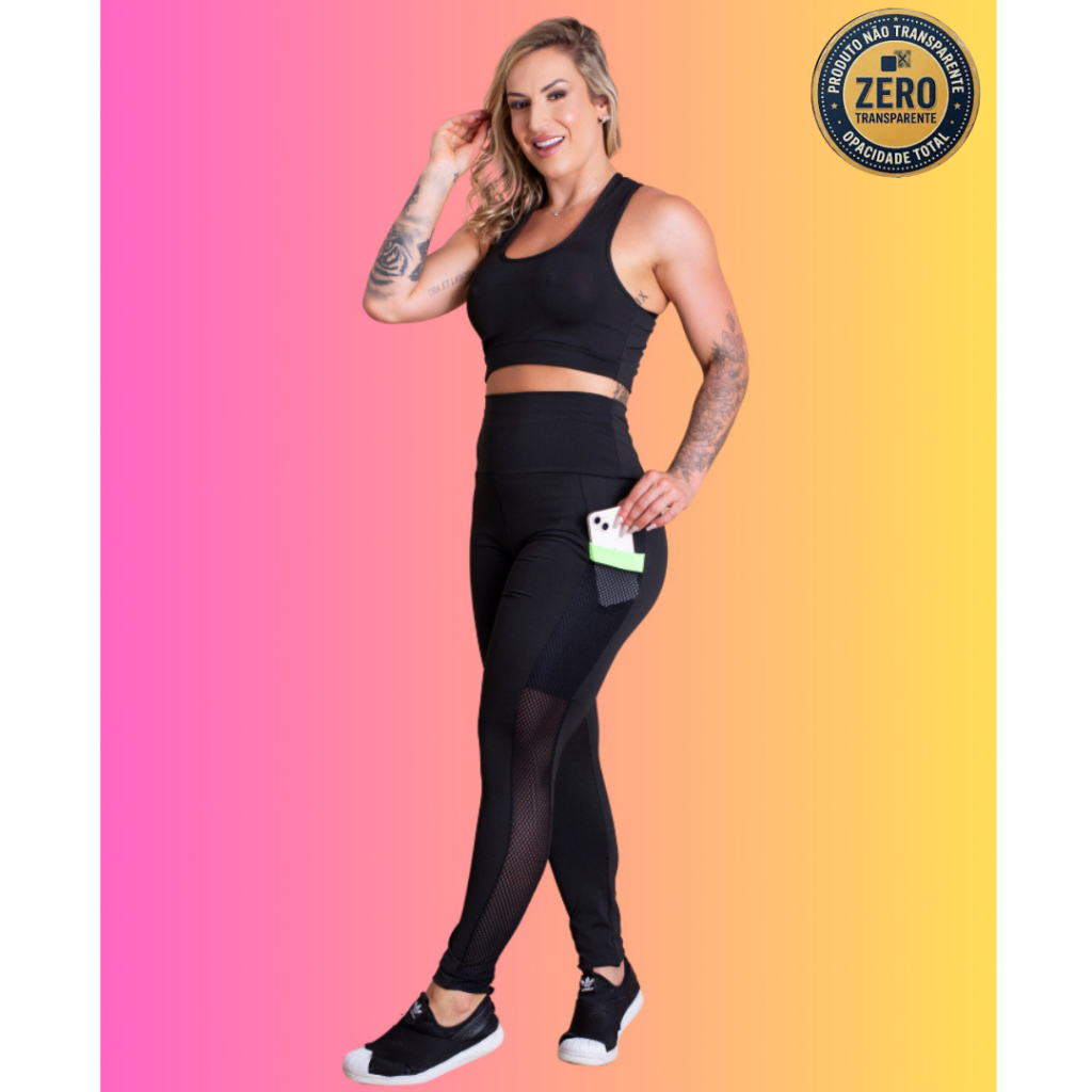 Conjunto Fitness Feminino Calça Legging Cintura Alta Bolso Tela Lateral E Top Liso Básico Academia ZERO TRANSPARÊNCIA