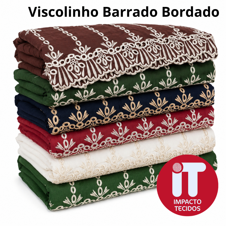 Tecido Viscolinho Barrado Bordado 1m x 1,40m Para Vestido e Blusa Premium