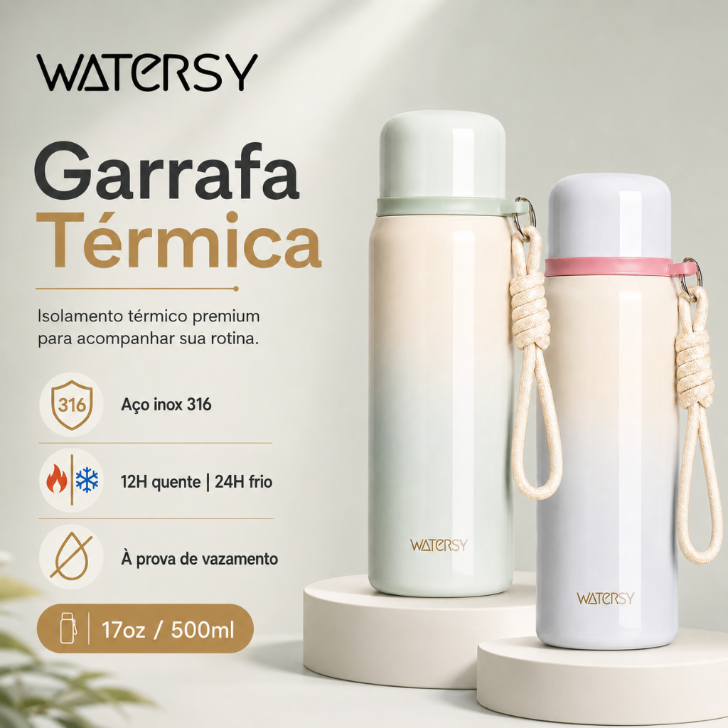 WATERSY Garrafa Térmica 500ml 17oz Aço Inox 316 Tampa Copo Portátil 12H Quente 24H Frio Antivazamento