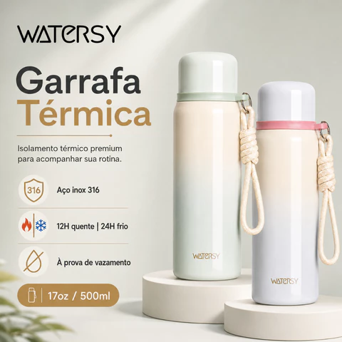 WATERSY Garrafa Térmica 500ml 17oz Aço Inox 316 Tampa Copo Portátil 12H Quente 24H Frio Antivazamento