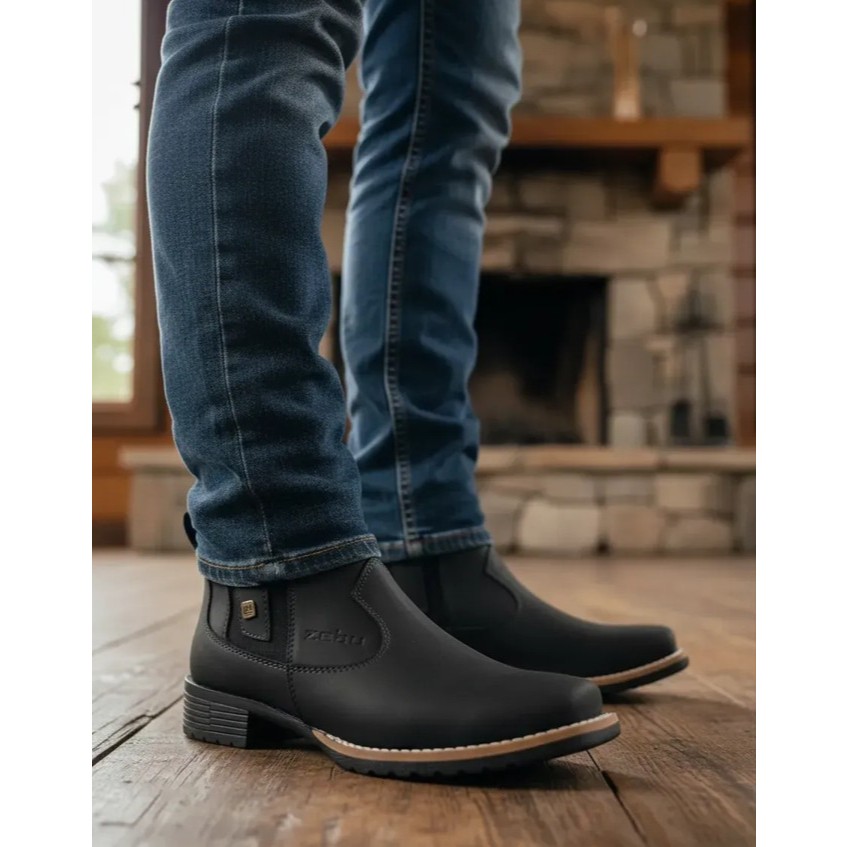 Botina Feminina Zebu Nobuck Preto Bota Texana Feminina Em Couro Legítimo Cano Curto