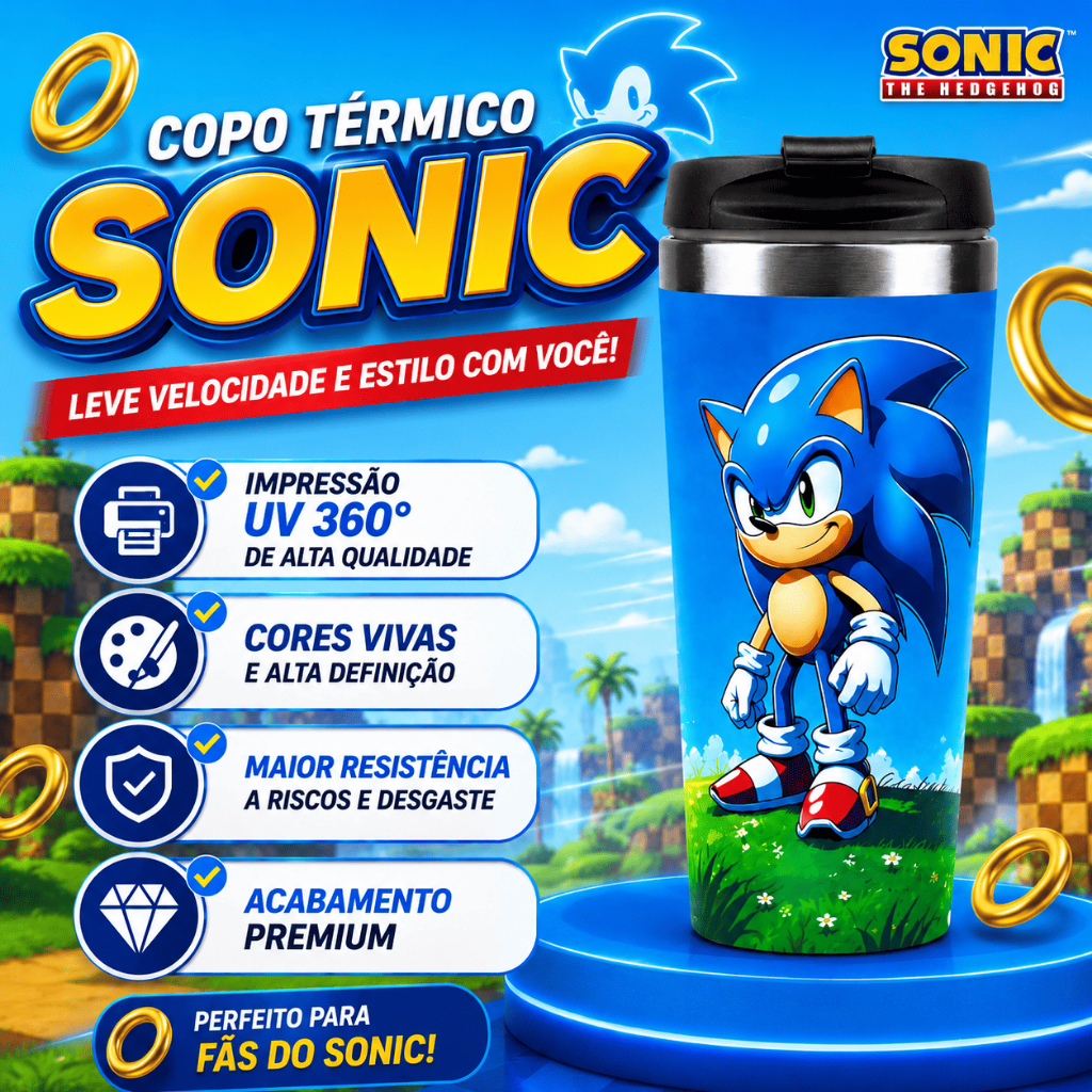Copo Térmico Sonic Veloz Relâmpago Crianças, Adultos Escola Azul. 450 ml. - Impressão 360º UV