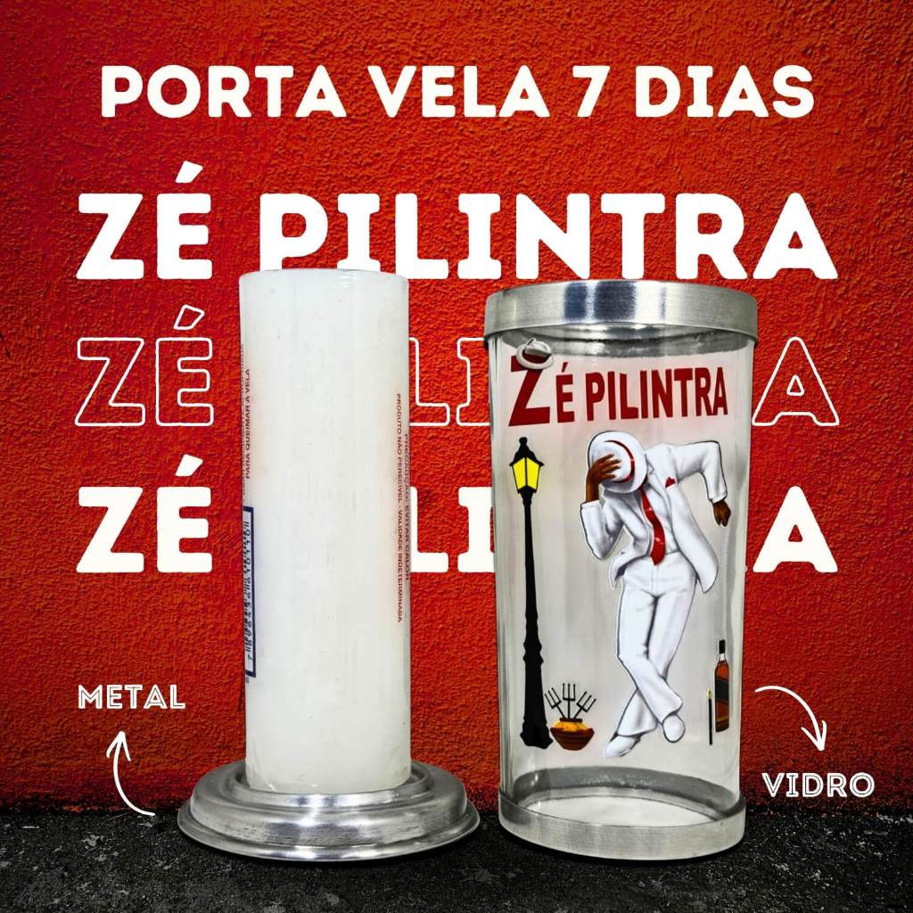Suporte Protetor De Vela 7 Dias Base Alumínio Copo Em Vidro Estampa De Orixá Zé Pilintra Com 1 Vela