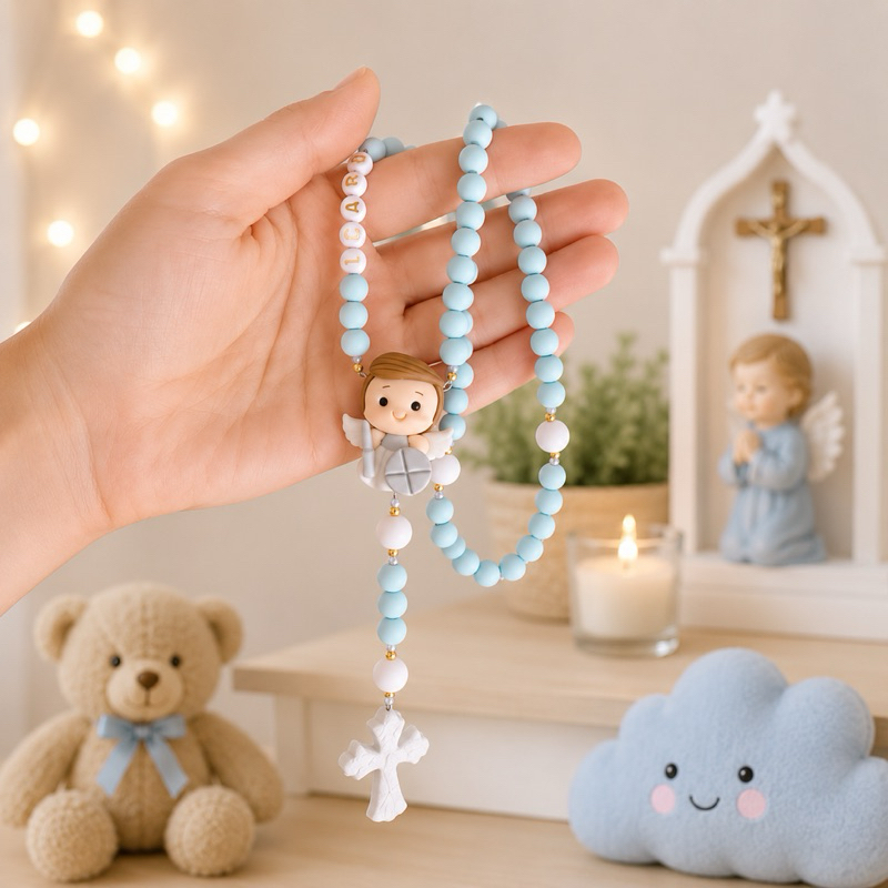 Terço batizado Arcanjo São Miguel Anjo Protetor kit com caixa de presente e organza terço para berço terço infantil