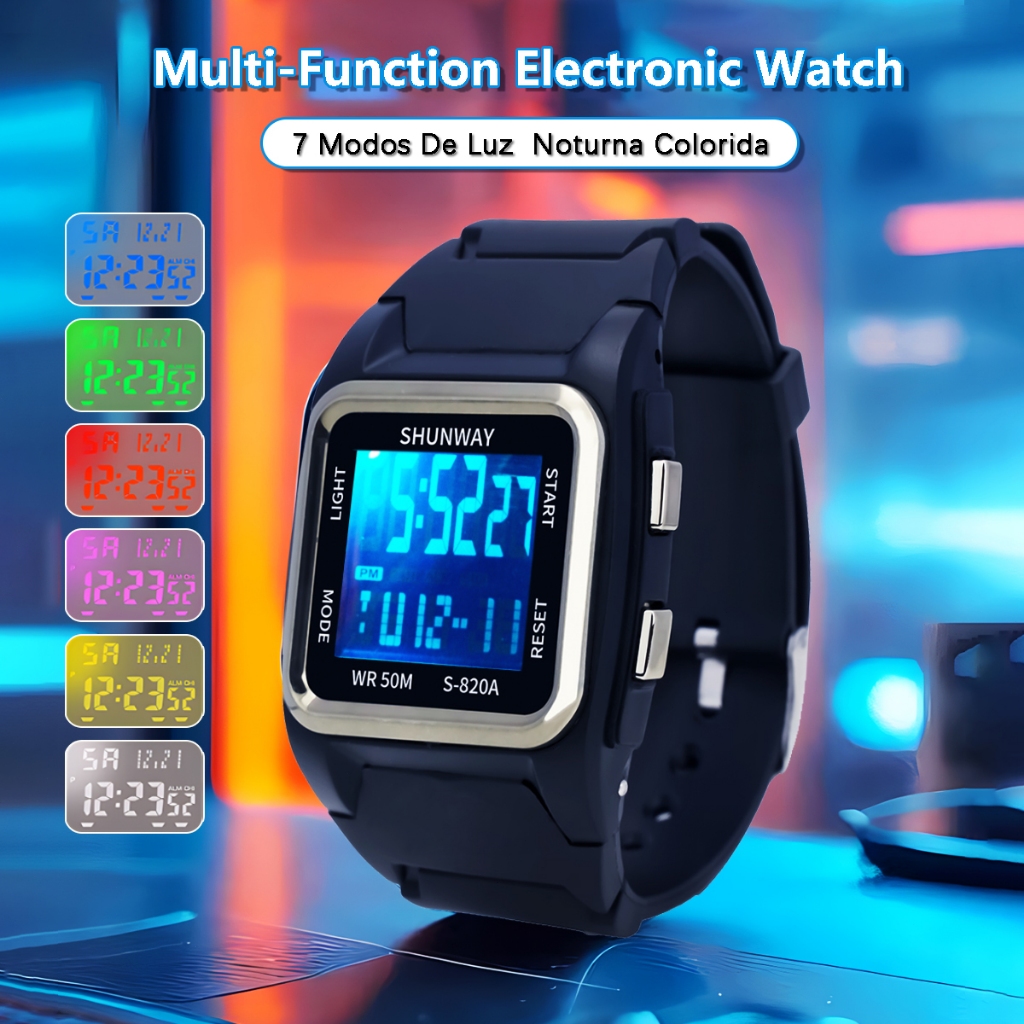 Relógio Digital Masculino Original Prova De Água Esportivo LED Luminoso Relógio De Pulso Eletrônico Quadrado Moda Casual