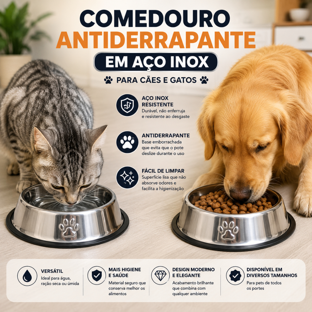 Vasilha, Tigela Comedouro Antiderrapante em Aço Inox para Cães e Gatos:16 a 30 Cm Pote Pet Cachorro