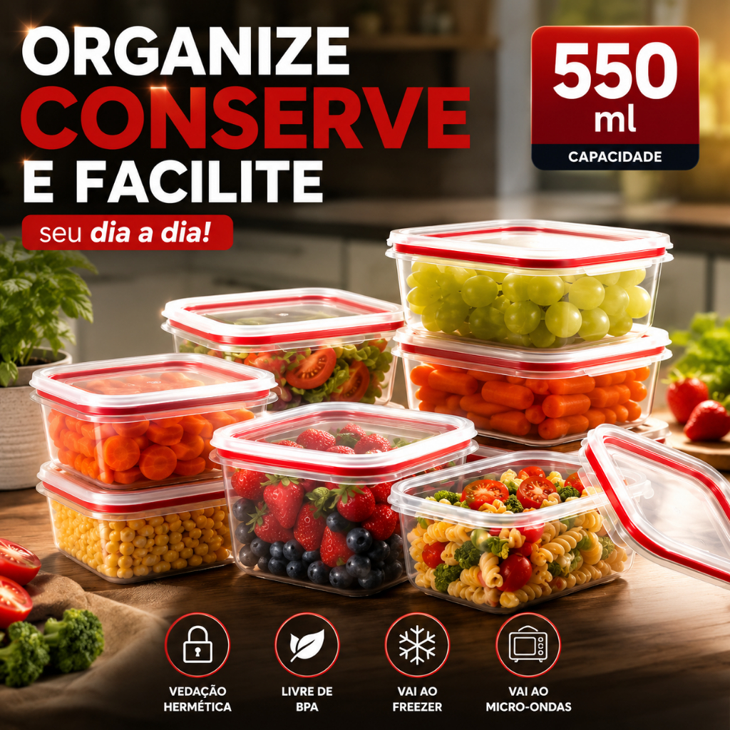 Kit Potes Herméticos 550ml Marmitas Organizadores Cozinha Geladeira C/2 Travas Alimentos Porta Frios