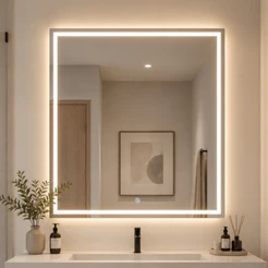Espelho Quadrado Jateado LED Touch 3 Cores 50x50 a 90x90cm Banheiro Luz Mais Forte Premium