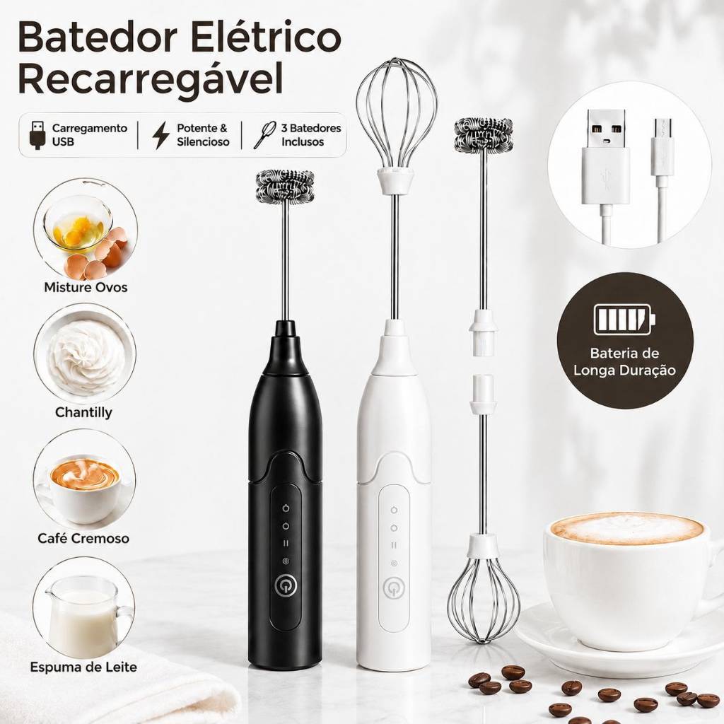 Batedor Misturador Mixer Elétrico para Bebidas Leite Café Clara de Ovo 2 em 1
