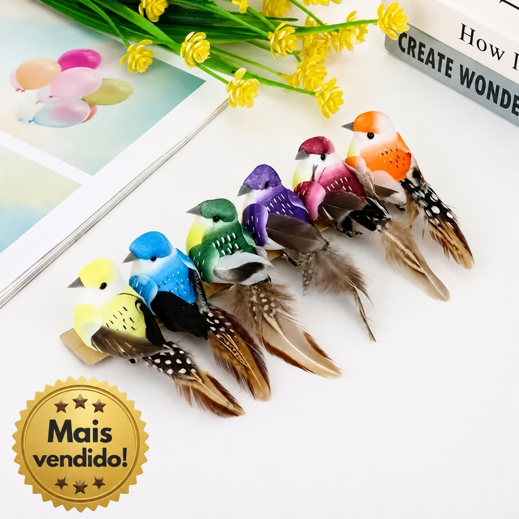 Kit 6 Pássarinhos GRANDES Coloridos 12,10 cm para Decoração e Eventos