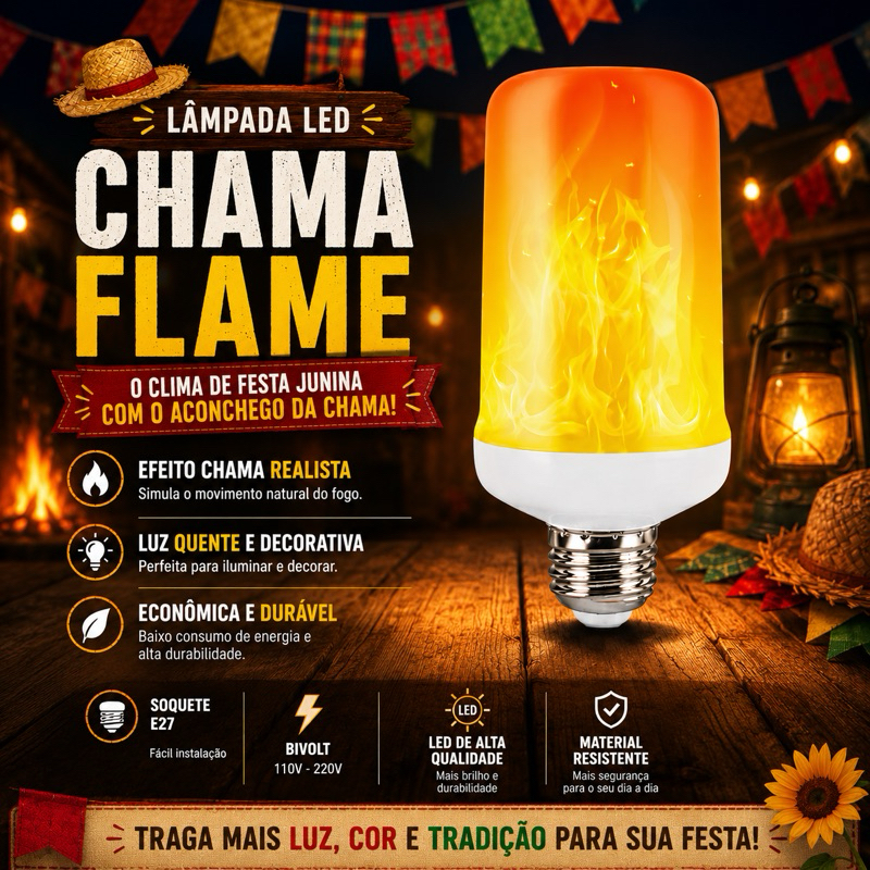 Lâmpada LED Chama Fogo E27 9W Bivolt Efeito Tocha Decorativa TB0566