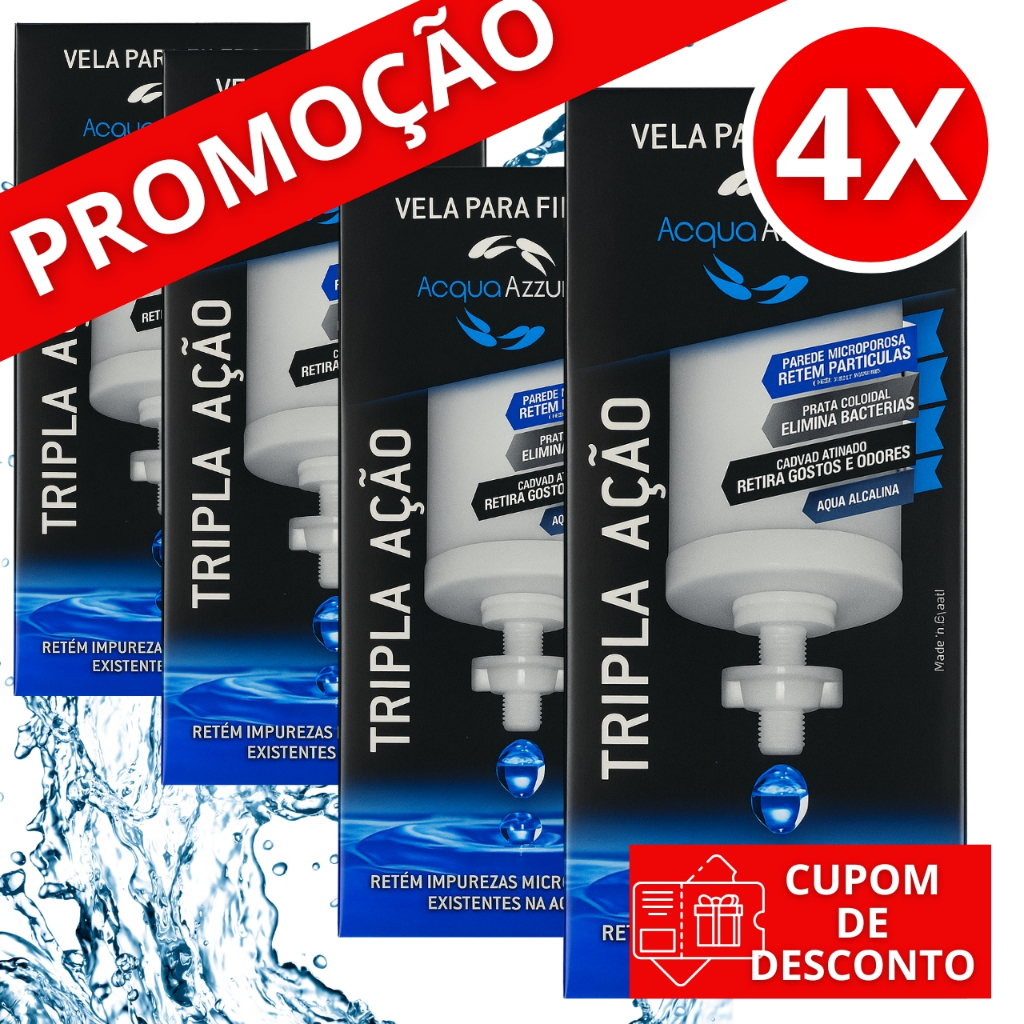 4 VELAS FILTRO DE BARRO PRATA COLOIDAL ALCALINA CARVÃO ATIVADO TRIPLA AÇÃO - PARA TODOS FILTRO BARRO